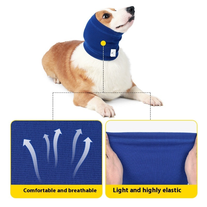 Corgi wearing a blue ear cover with fabric stretch and breathability diagrams