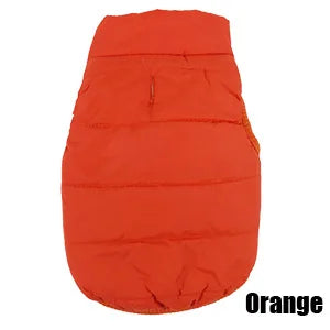 Orange quilted dog puffer jacket, back view