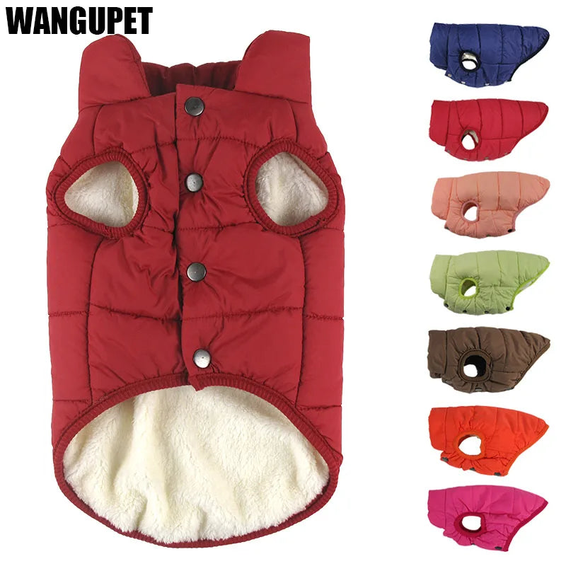 Inside view of a red fleece-lined dog puffer jacket with available colors
