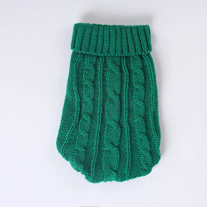 Green cable knit dog sweater with a ribbed turtleneck
