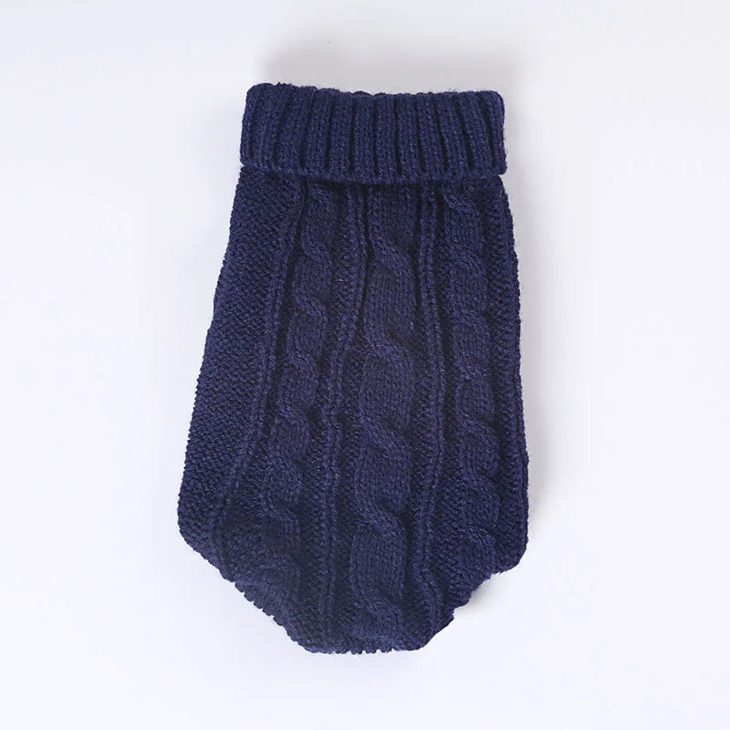 Navy cable knit dog sweater with a ribbed turtleneck