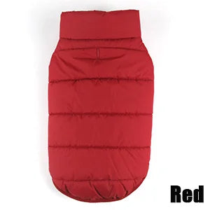 Red quilted dog puffer jacket, back view