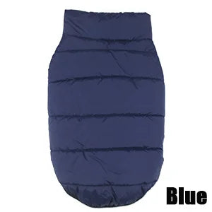Navy quilted dog puffer jacket, back view