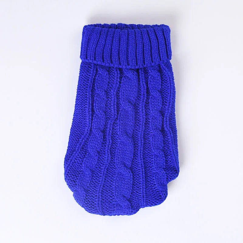 Royal blue cable knit dog sweater with a ribbed turtleneck