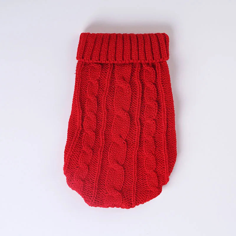 Red cable knit dog sweater with a ribbed turtleneck
