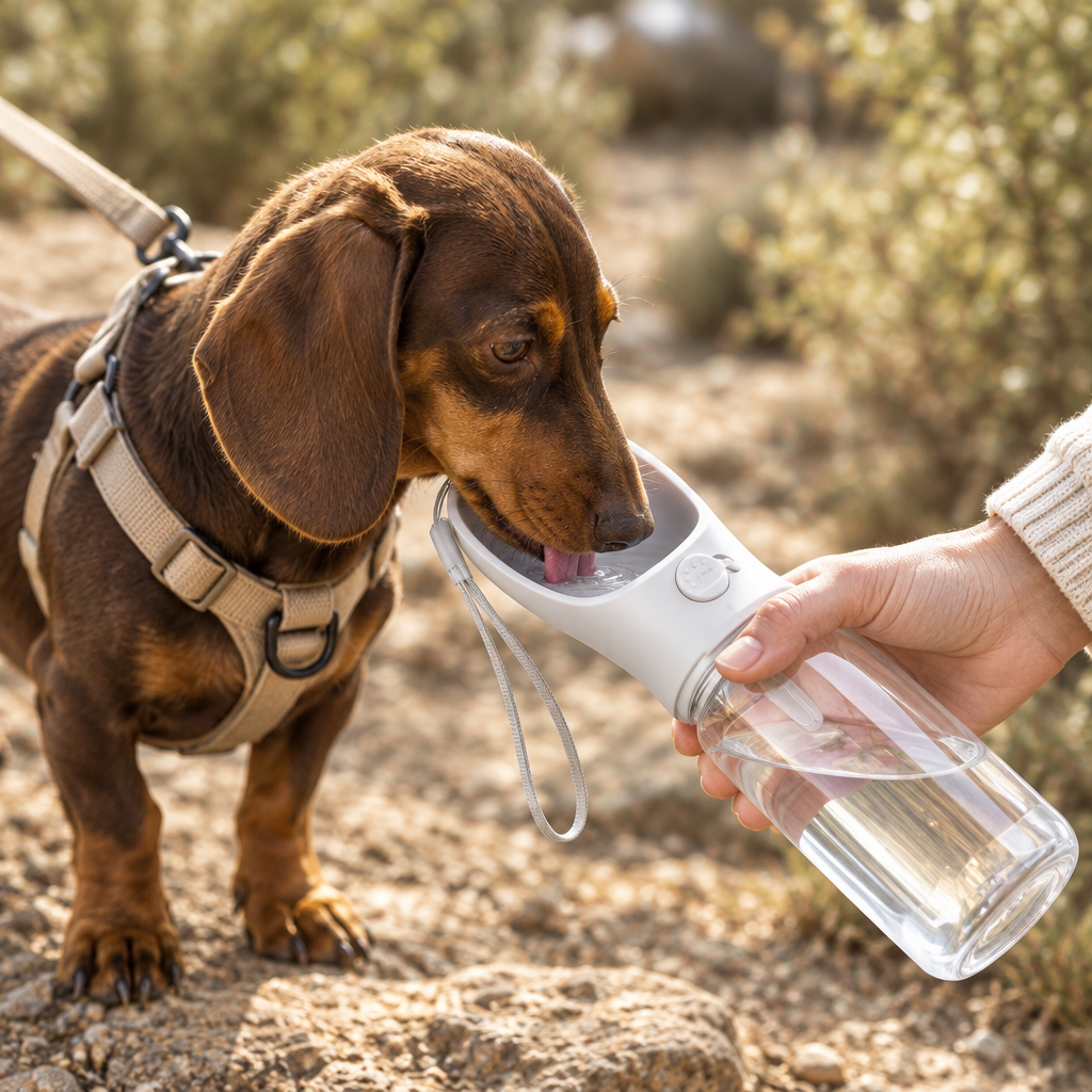 Dachshund drinking from a portable water bottle held by a person outdoors