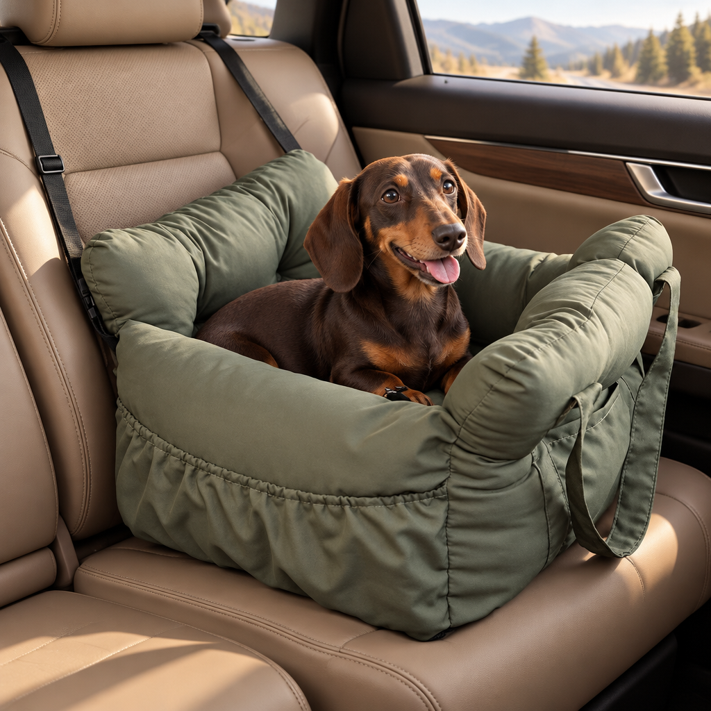 Chocolate-and-tan dachshund sitting in an olive green car bed