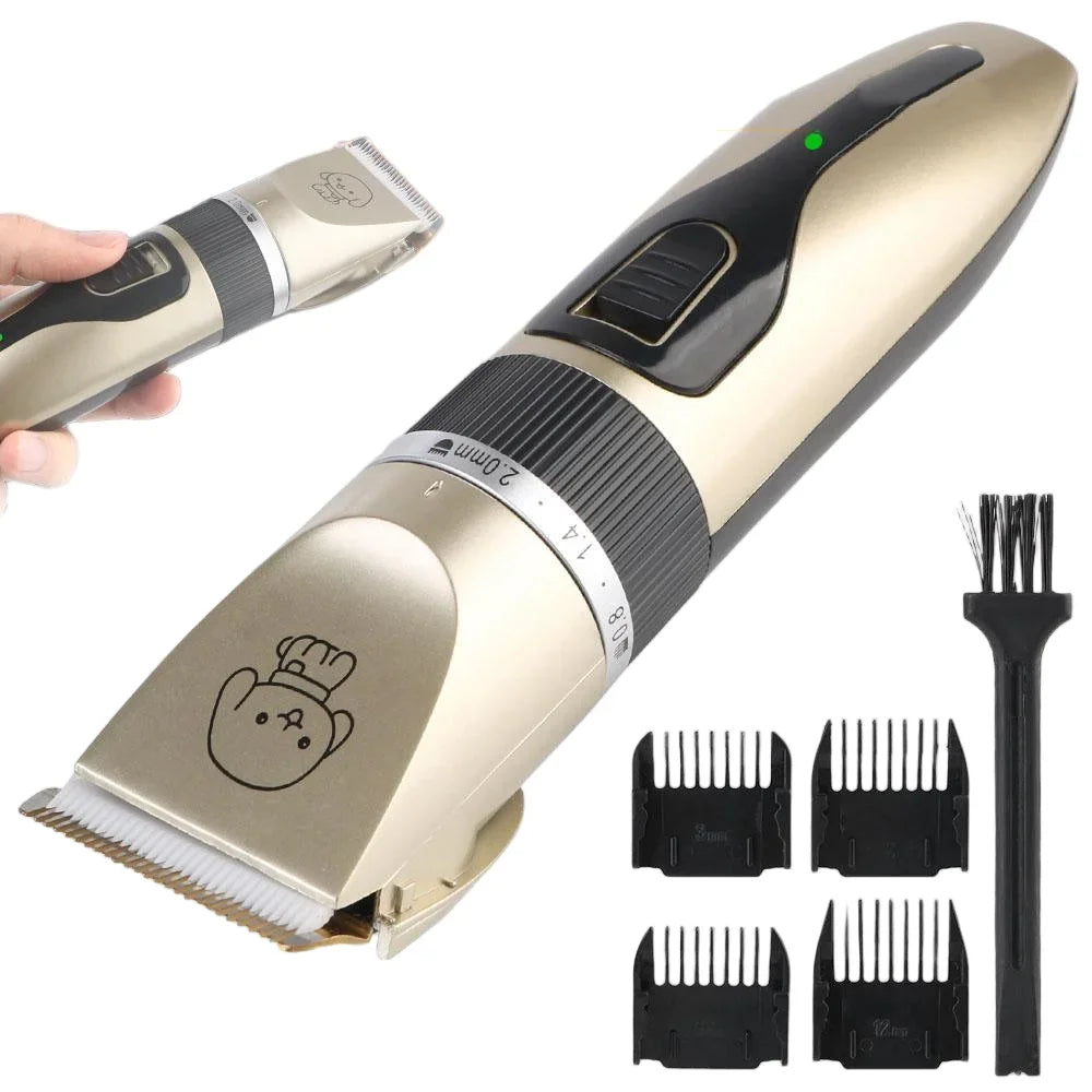 Gold electric pet trimmer with guide combs and cleaning brush