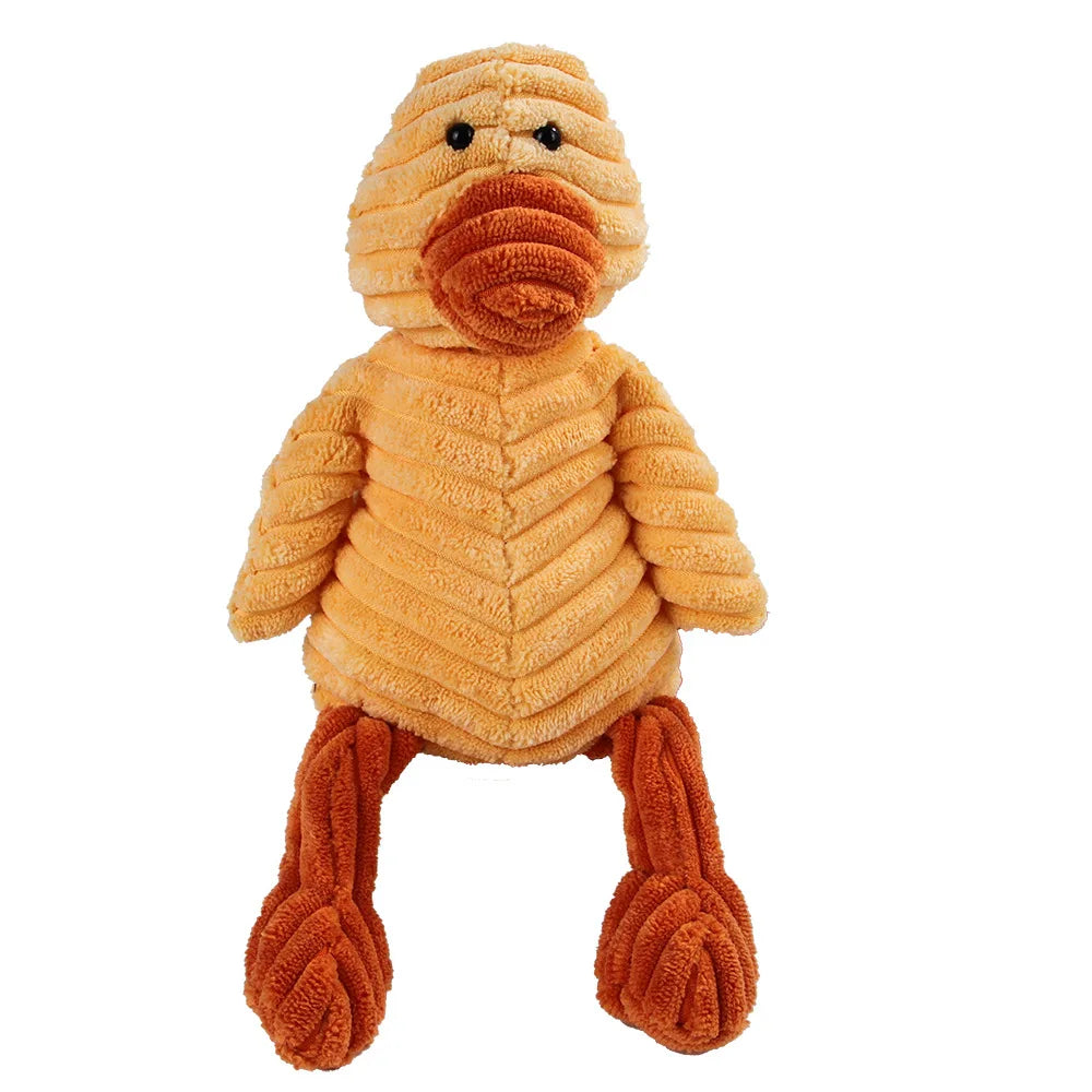 Yellow corduroy duck dog toy with orange beak and feet