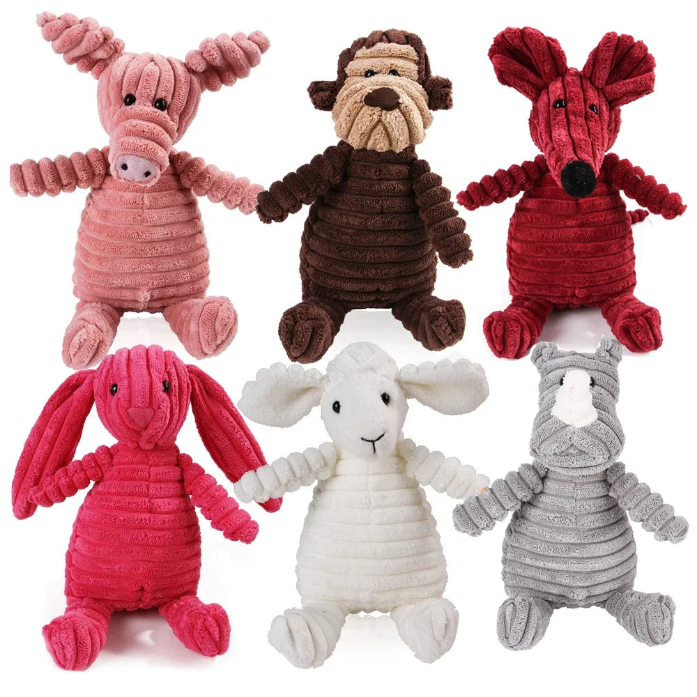 Six corduroy animal dog toys: pig, monkey, mouse, rabbit, sheep, and rhinoceros