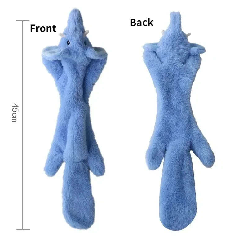 Front and back views of a blue animal plush dog toy