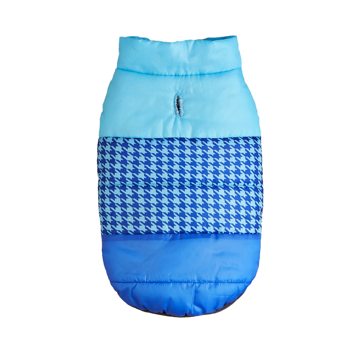 Blue with a houndstooth center panel quilted dog puffer jacket, back view