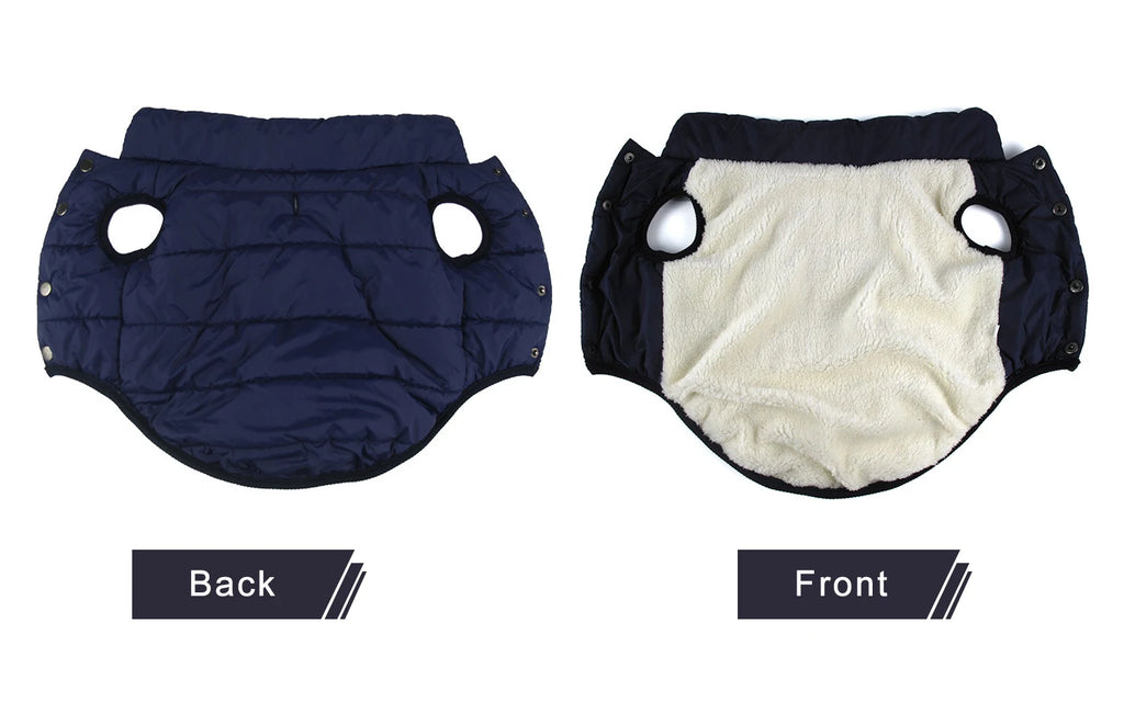 Front and back views of a navy dog puffer jacket with cream lining