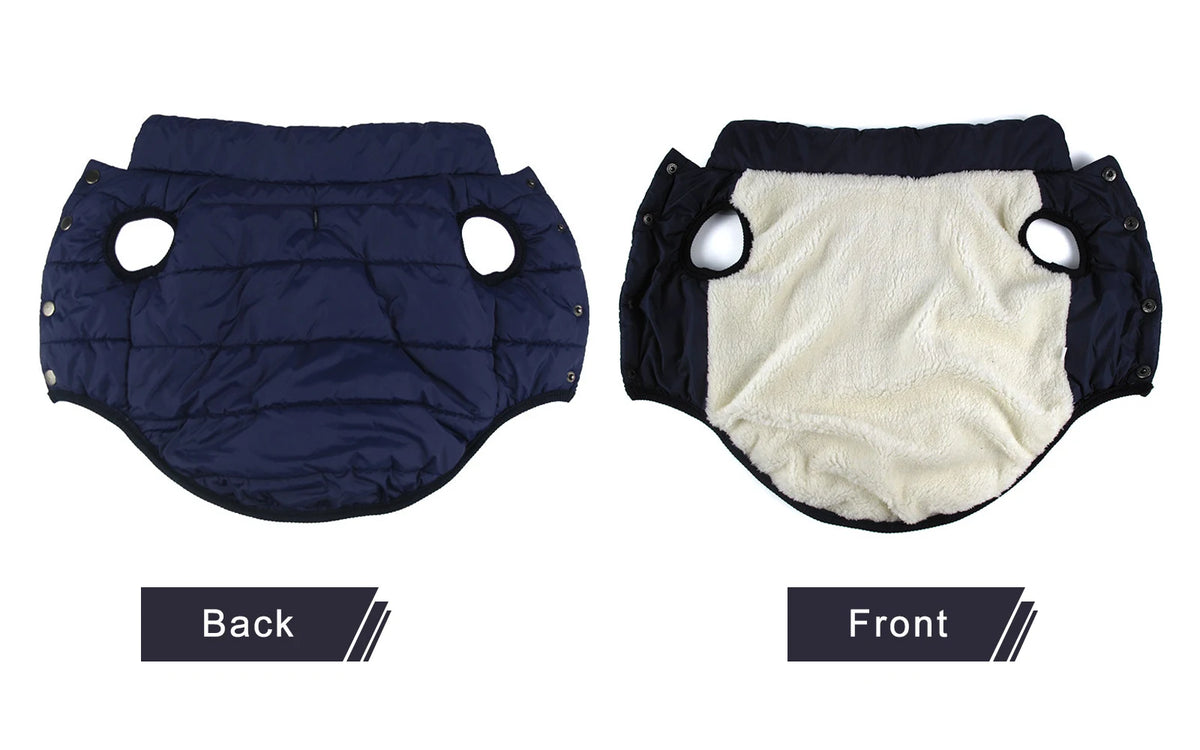 Front and back views of a navy dog puffer jacket with cream lining