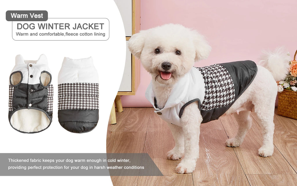 White dog modeling a black-and-white houndstooth dog puffer jacket
