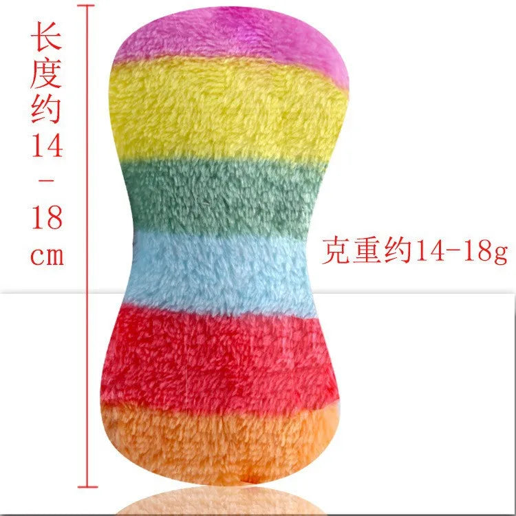 Rainbow-striped plush dog toy with a length and weight diagram