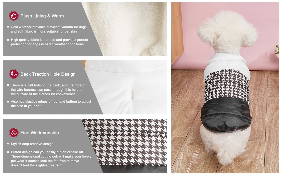 Black-and-white houndstooth dog puffer jacket showing lining and fabric details