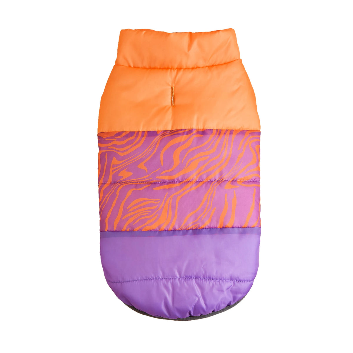 Orange and purple with a zebra-patterned center panel quilted dog puffer jacket, back view