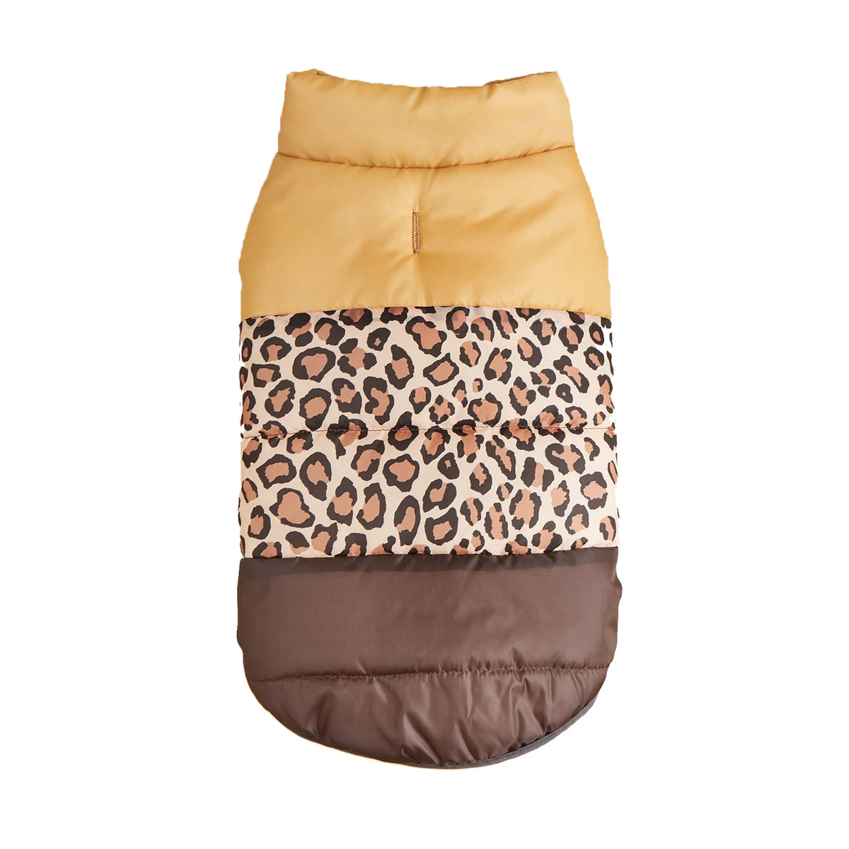 Tan and brown with a leopard-print center panel quilted dog puffer jacket, back view