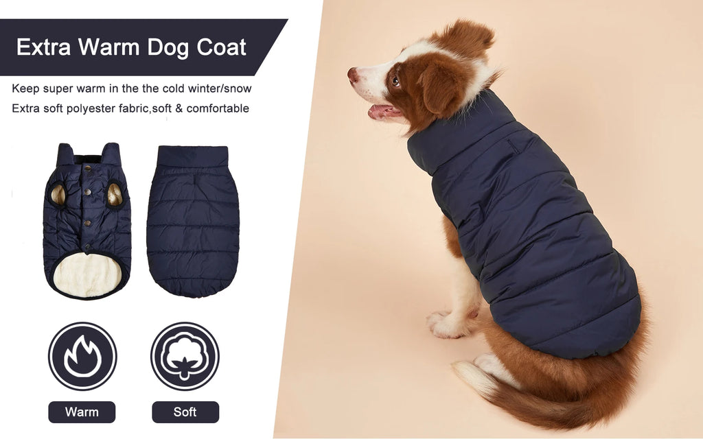 Dog modeling a navy puffer jacket beside front and back product views