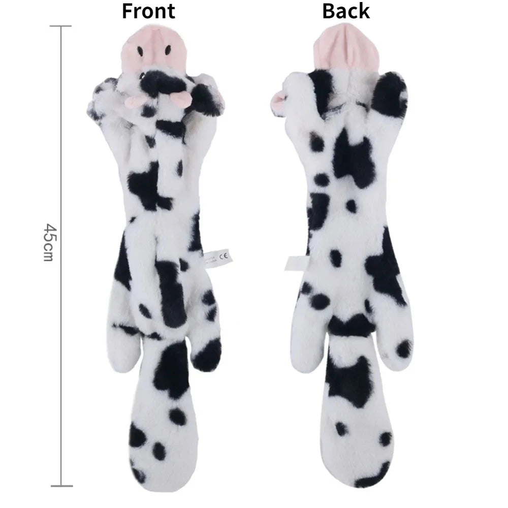 Front and back views of a black-and-white cow plush dog toy