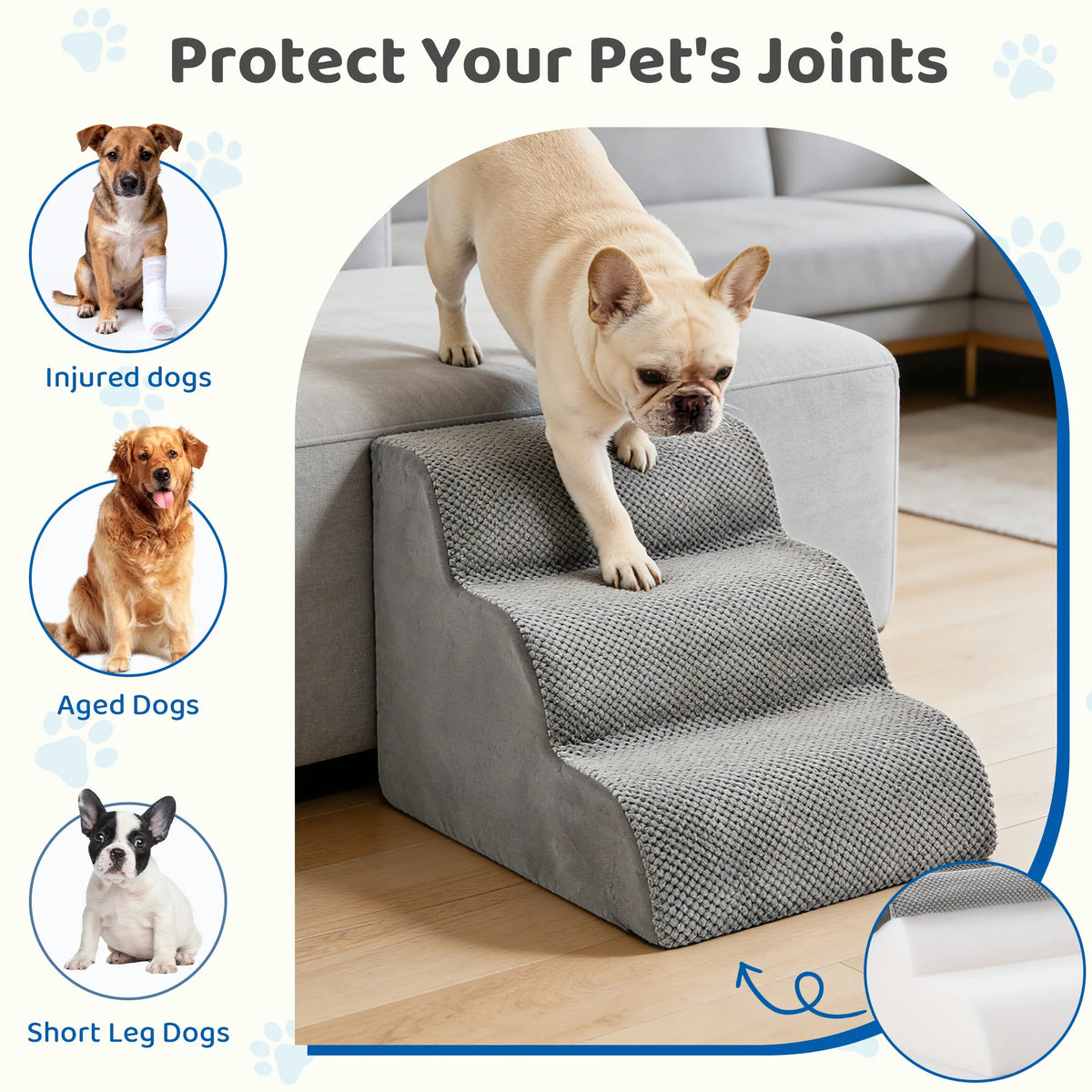 Dog using gray foam pet stairs with joint-support feature callouts