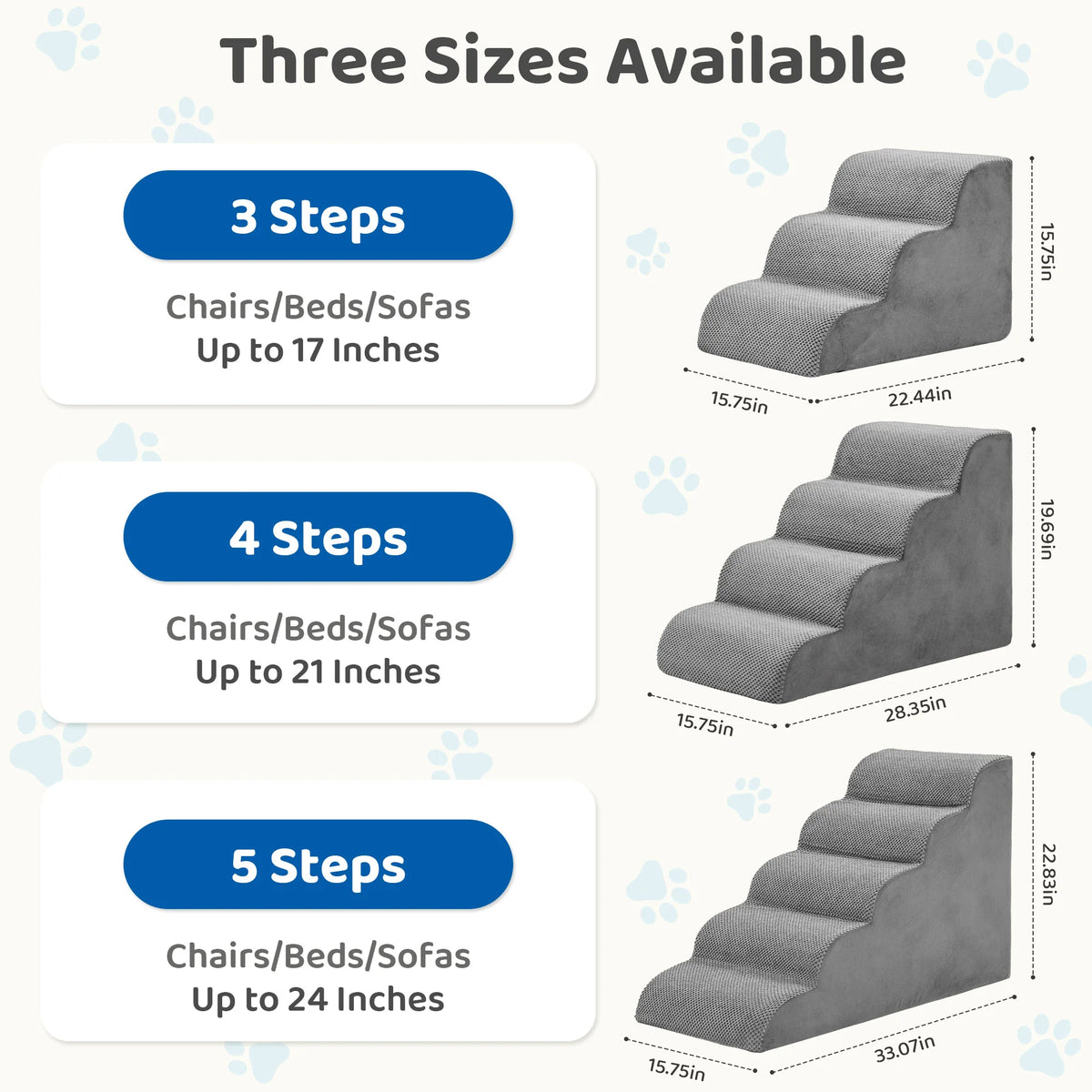 Three-, four-, and five-step foam pet stairs with height and size comparisons