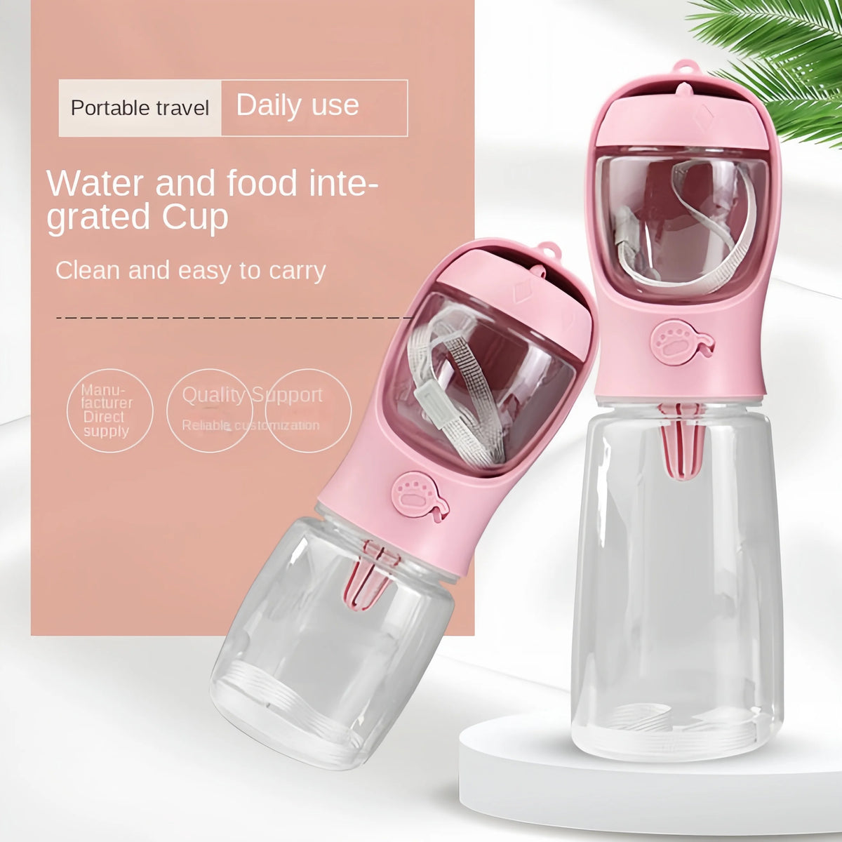 Pink portable pet water bottle with an integrated drinking trough and food compartment