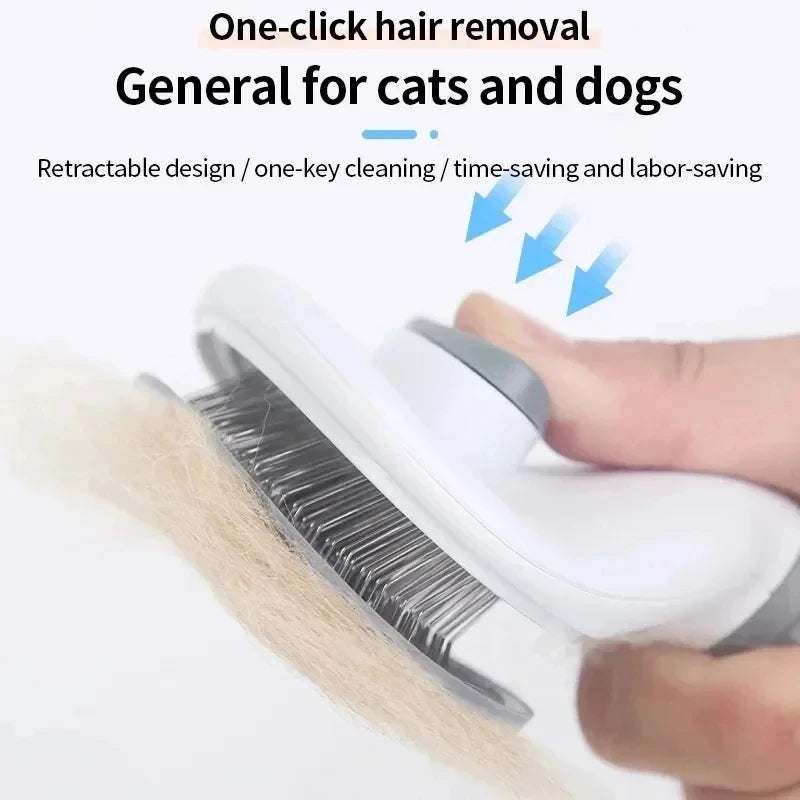 Button-operated cleaning plate lifting loose pet hair off the slicker brush pins.