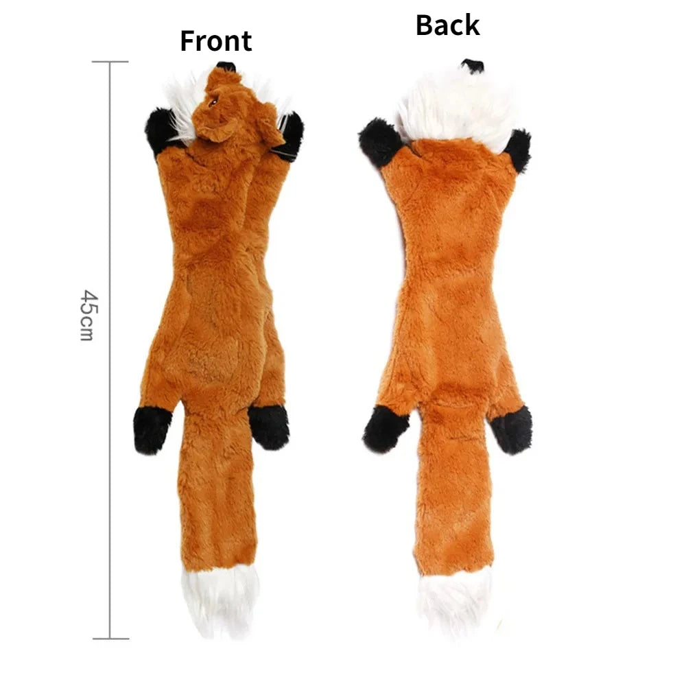 Front and back views of an orange fox plush dog toy