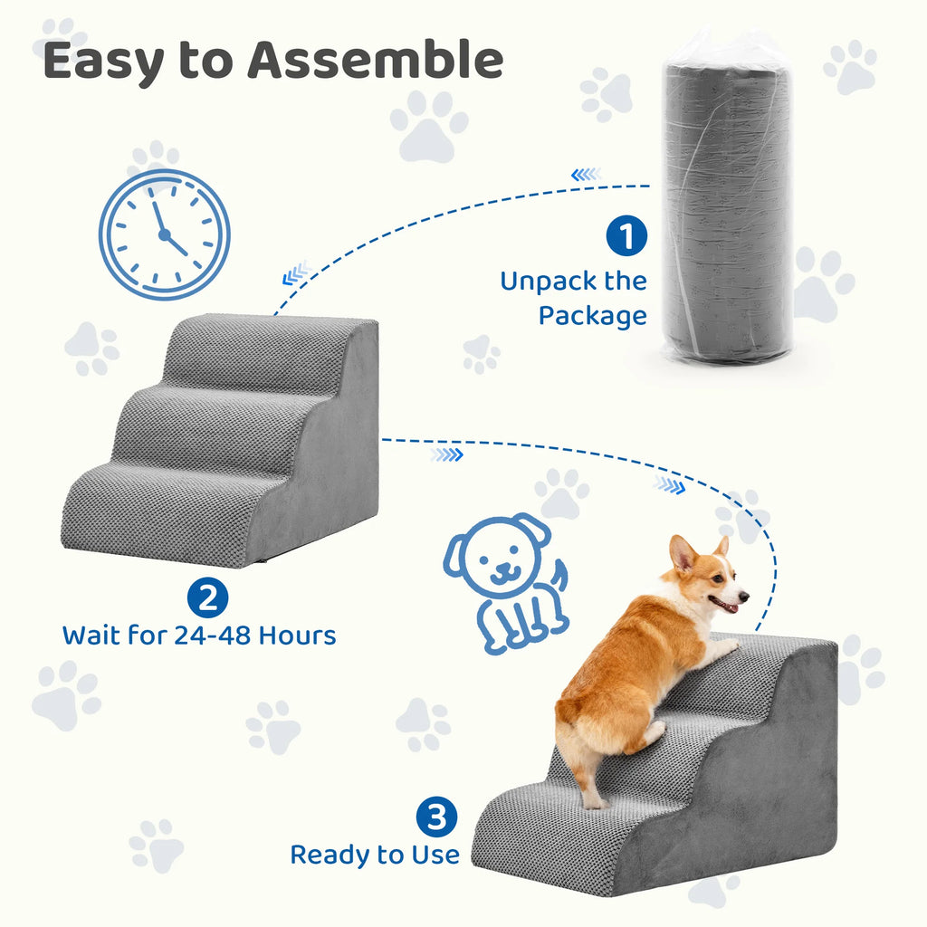 Foam pet stairs unpacking diagram showing expansion before use