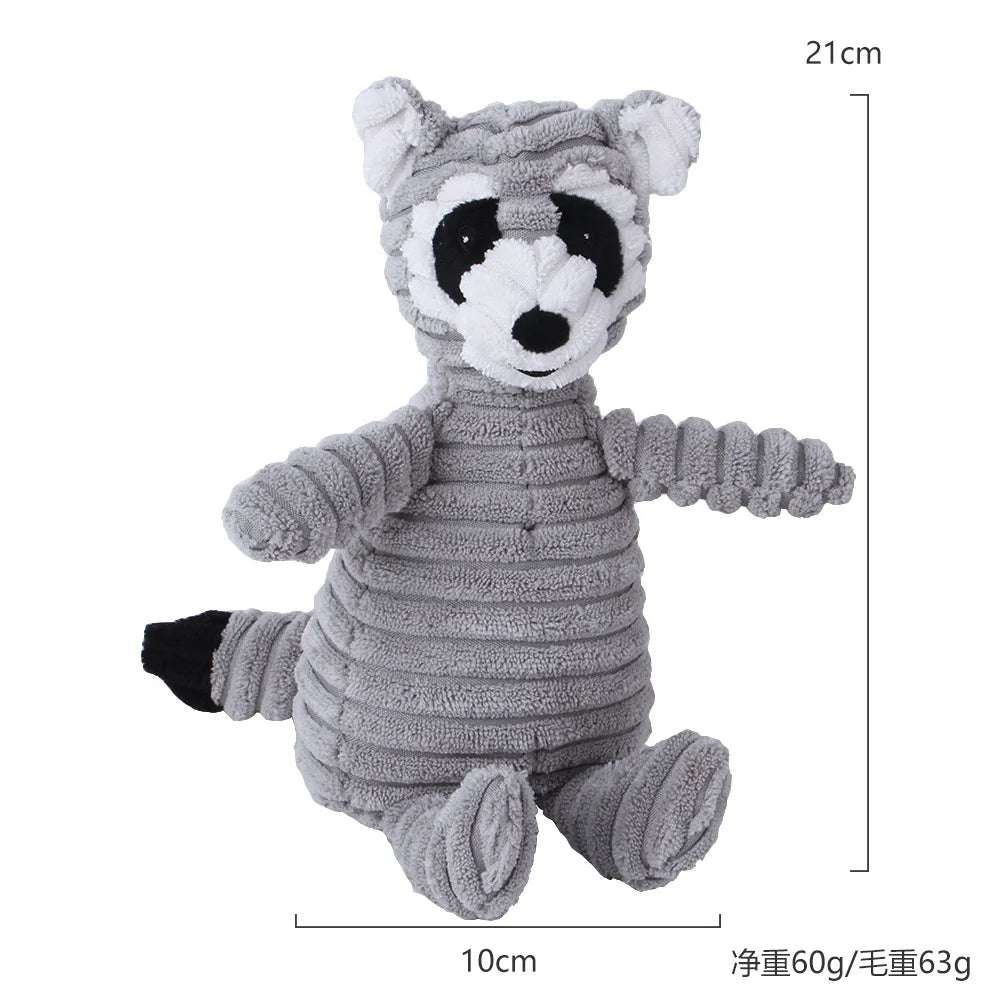 Gray corduroy raccoon dog toy with height and width measurements