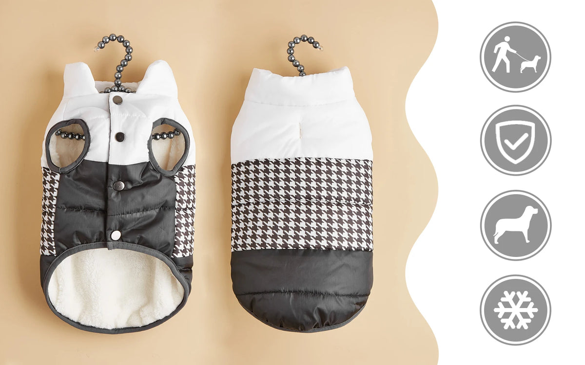 Front and back views of a white, houndstooth, and black dog puffer jacket