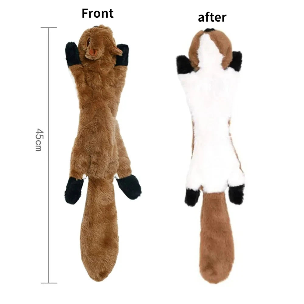 Front and back views of a brown animal plush dog toy with a white belly