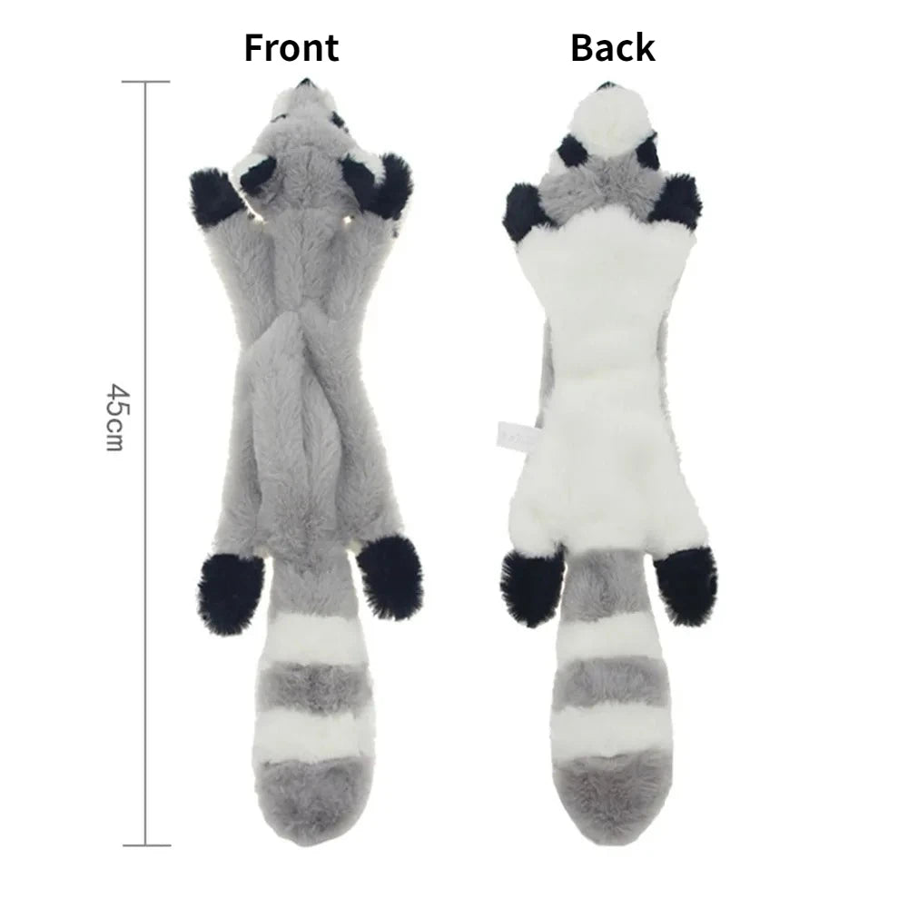 Front and back views of a gray raccoon plush dog toy
