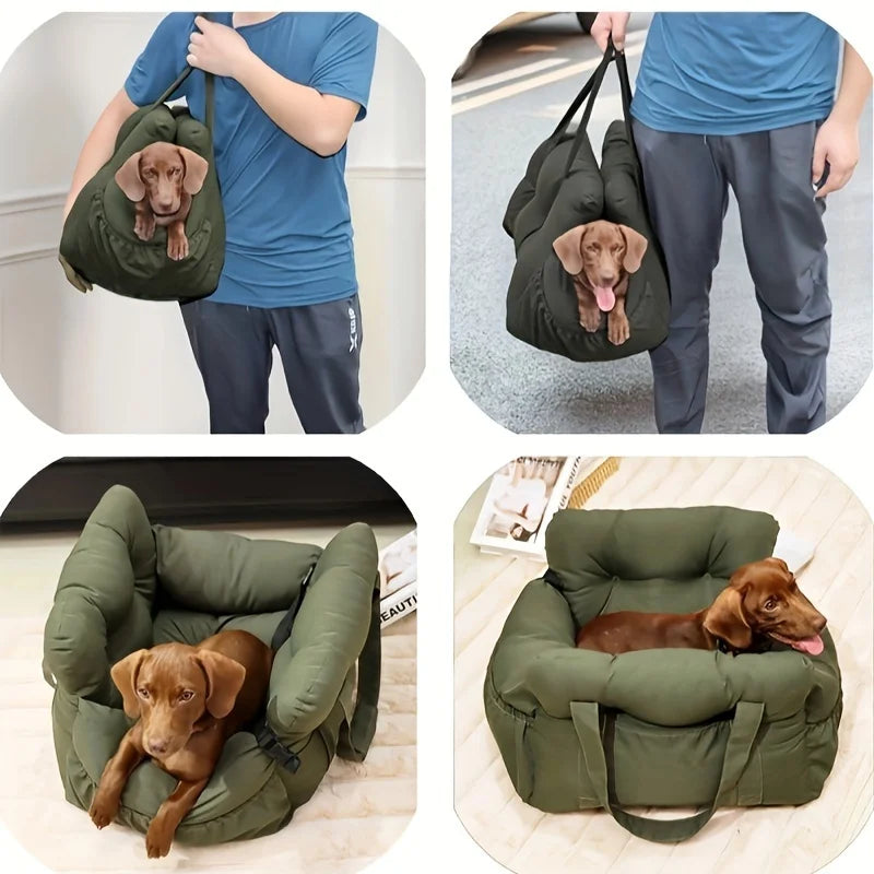 Dog car bed shown as a shoulder carrier, handheld carrier, and resting bed