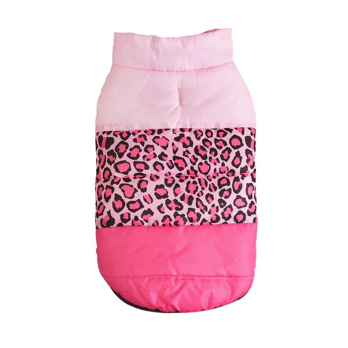 Pink with a leopard-print center panel quilted dog puffer jacket, back view