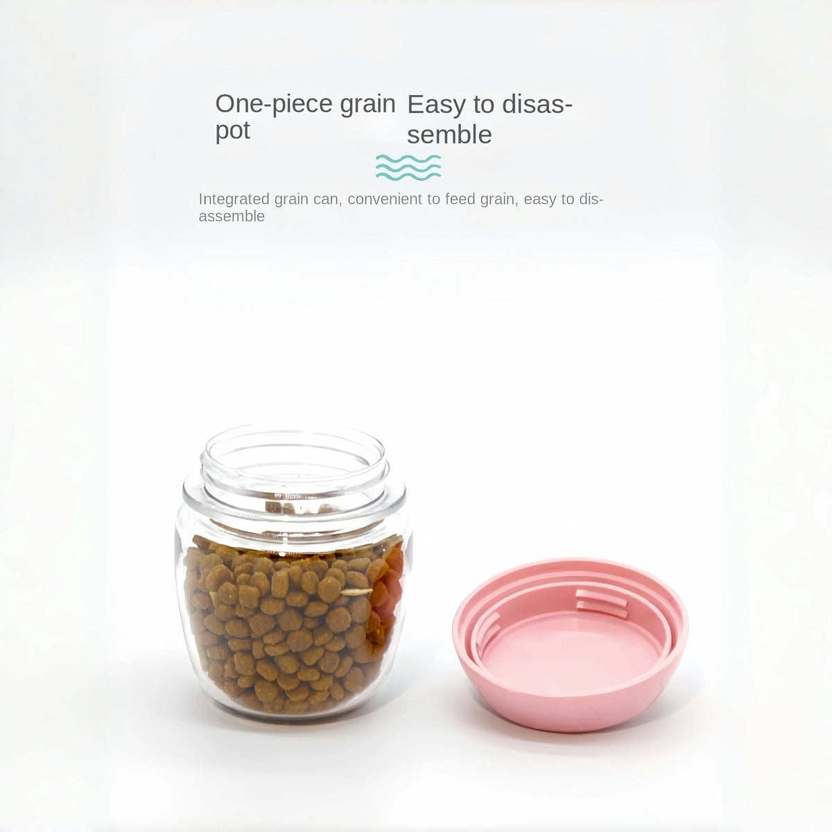 Clear pet food container with its pink lid removed