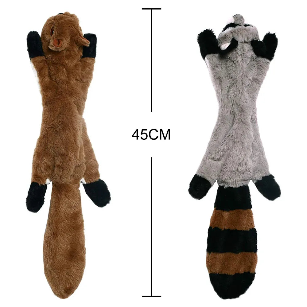 Flat squirrel and raccoon plush dog toys with a 45 cm length diagram