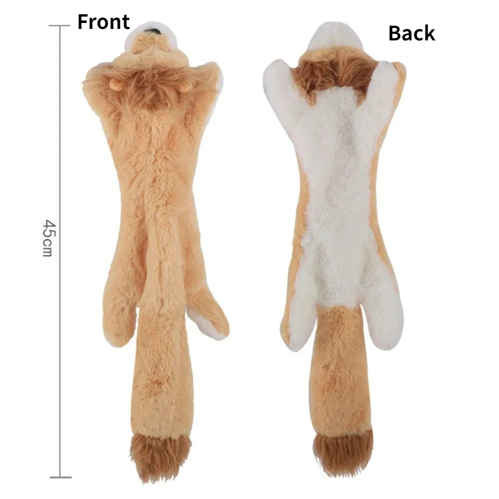 Front and back views of a tan animal plush dog toy