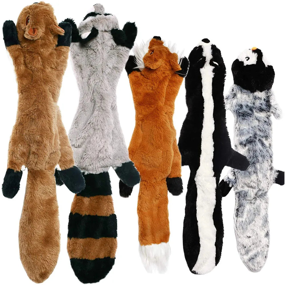 Flat squirrel, raccoon, fox, skunk, and bird plush dog toys