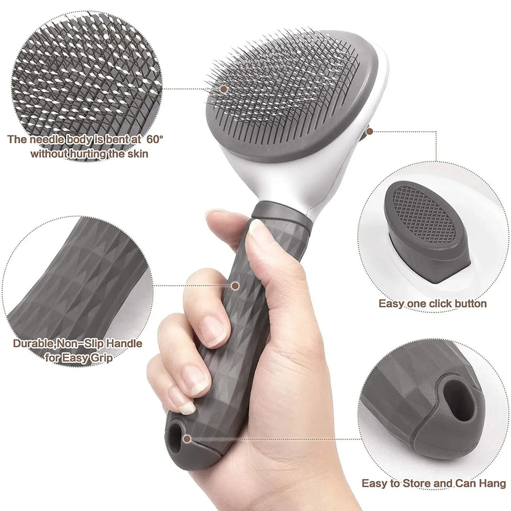 Gray slicker brush shown from the front and back, with close-ups of its pins, release button, and hanging hole.