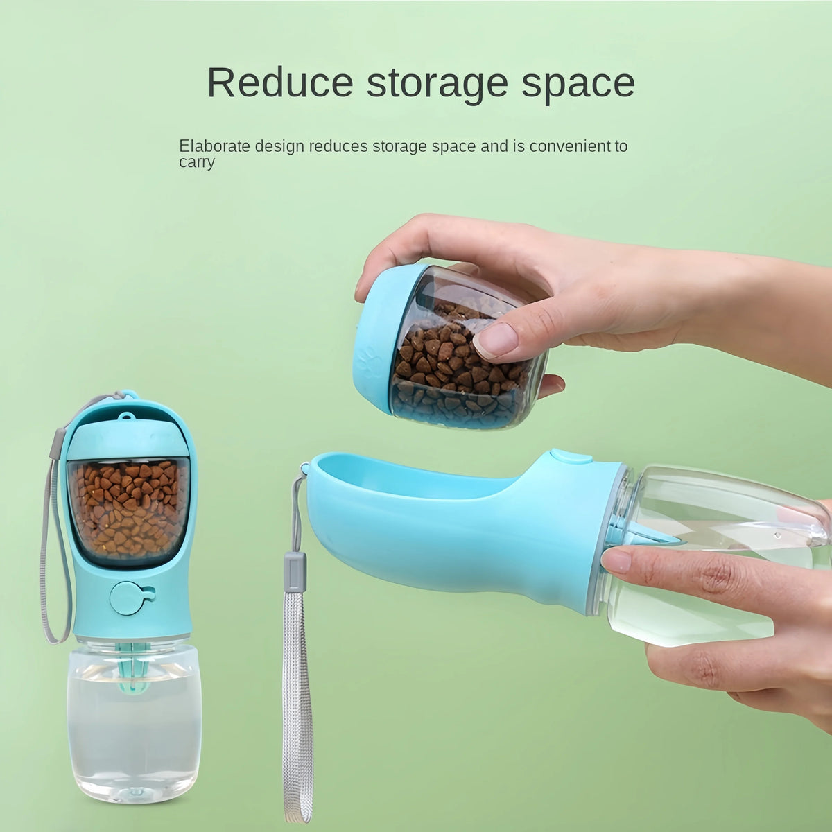Portable pet water bottle with a detachable food compartment shown in use