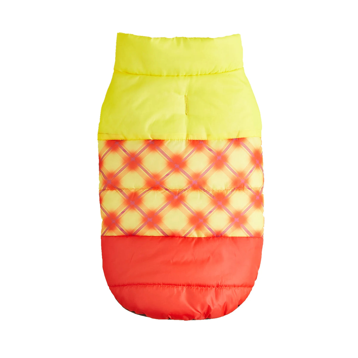 Yellow and orange with a checkered center panel quilted dog puffer jacket, back view