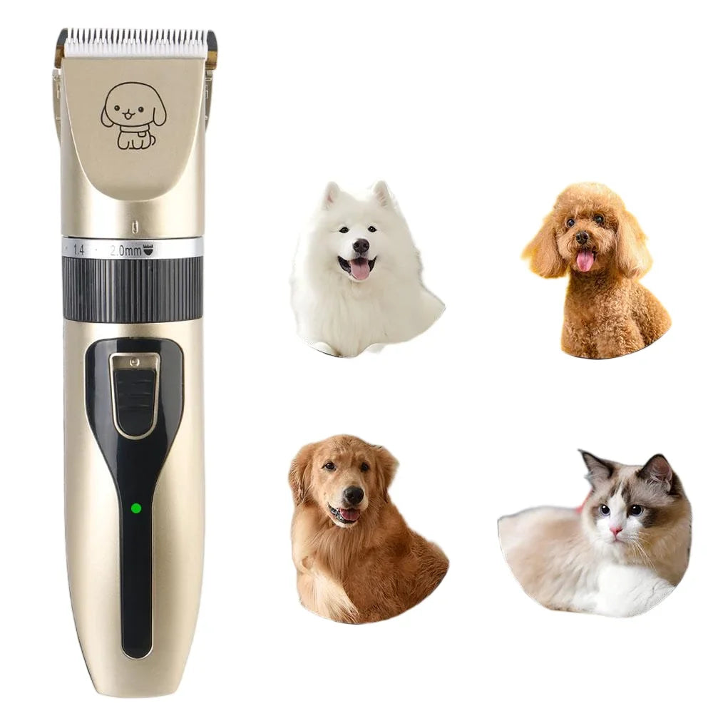 Gold electric pet trimmer displayed with dog and cat examples