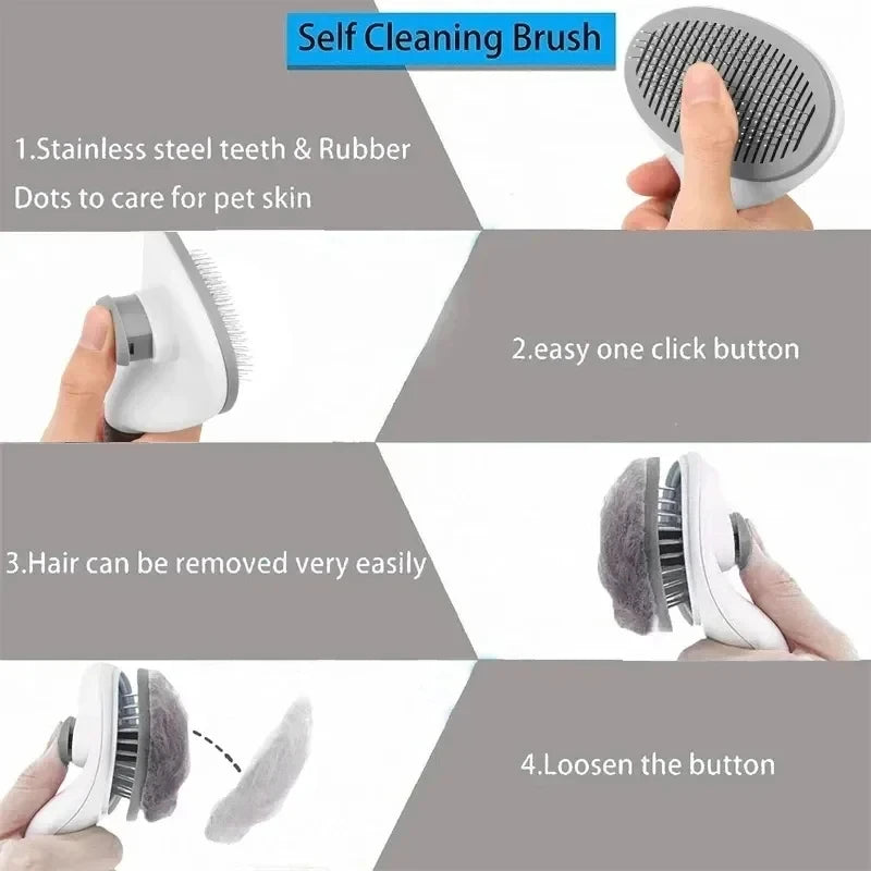 Four-step guide showing how the self-cleaning brush releases collected pet hair.