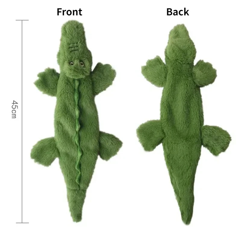 Front and back views of a dark green crocodile plush dog toy