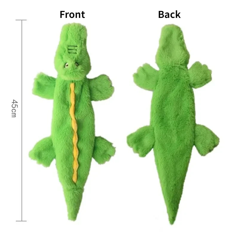 Front and back views of a bright green crocodile plush dog toy