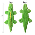 Front and back views of a bright green crocodile plush dog toy