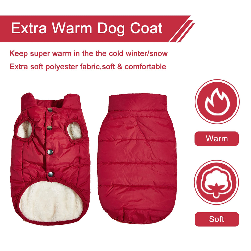 Red dog puffer jacket showing its fleece lining, snap front, and quilted back